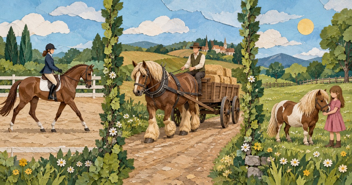 Tři zóny se štíhlým jezdeckým koněm, tažným koněm s vozem a malým huňatým koněm